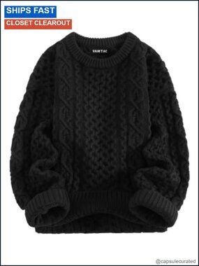Men's Chunky Cable Knit Crewneck Sweater Wool Blend Pullover